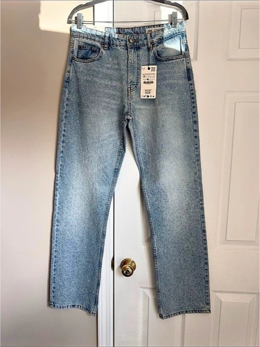 ZARA Straight-Fit Rhinestone Jeans Straight Leg Blue Size 38 (6)